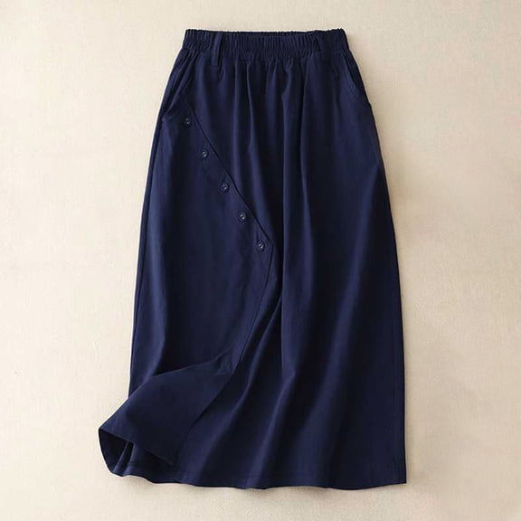 Maoxin Skirts for Women Women‘s Casual Loose High Waisted Mid Length Pleated Split Button Pocket Skirt ,Blue,L