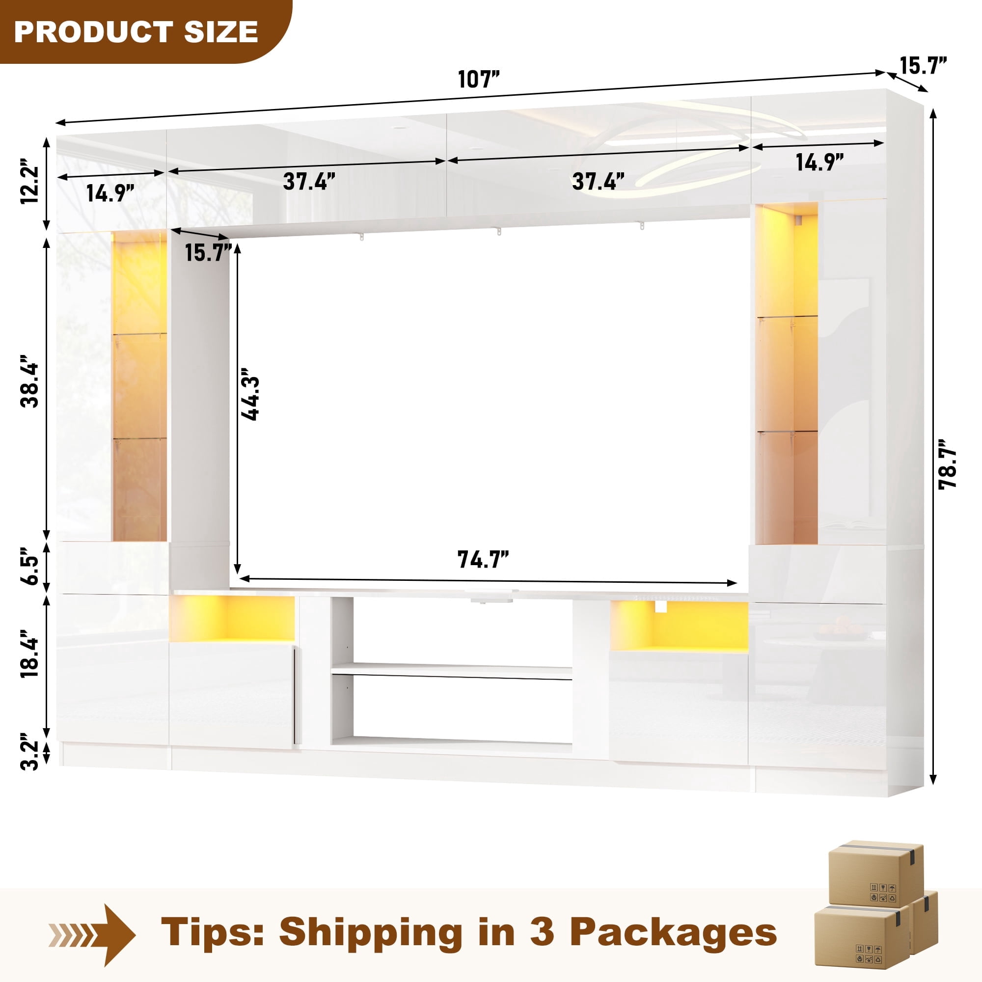 ANPOO 107" Large Wall Unit Entertainment Center with Bookshelves & LED Lights and Storage Shelves, Modern High Glossy TV Stand Media Console Table with Bridge Cabinet for Living Room & Home Theater
