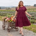 thumbnail image 3 of GRACE & GRANDEUR Women's Plus Size Dresses Tiered Polka Dots Short Sleeves Babydoll Midi Dresses 1X Burgundy, 3 of 8