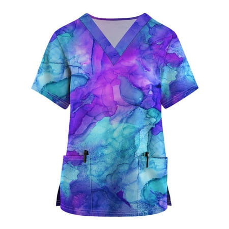 

Sksloeg Scrubs Tops Women Stretchy Tie-dye Printed Tops Nursing Working Uniform Short Sleeve V-Neck T-Shirts with Pockets Dark Purple XXL