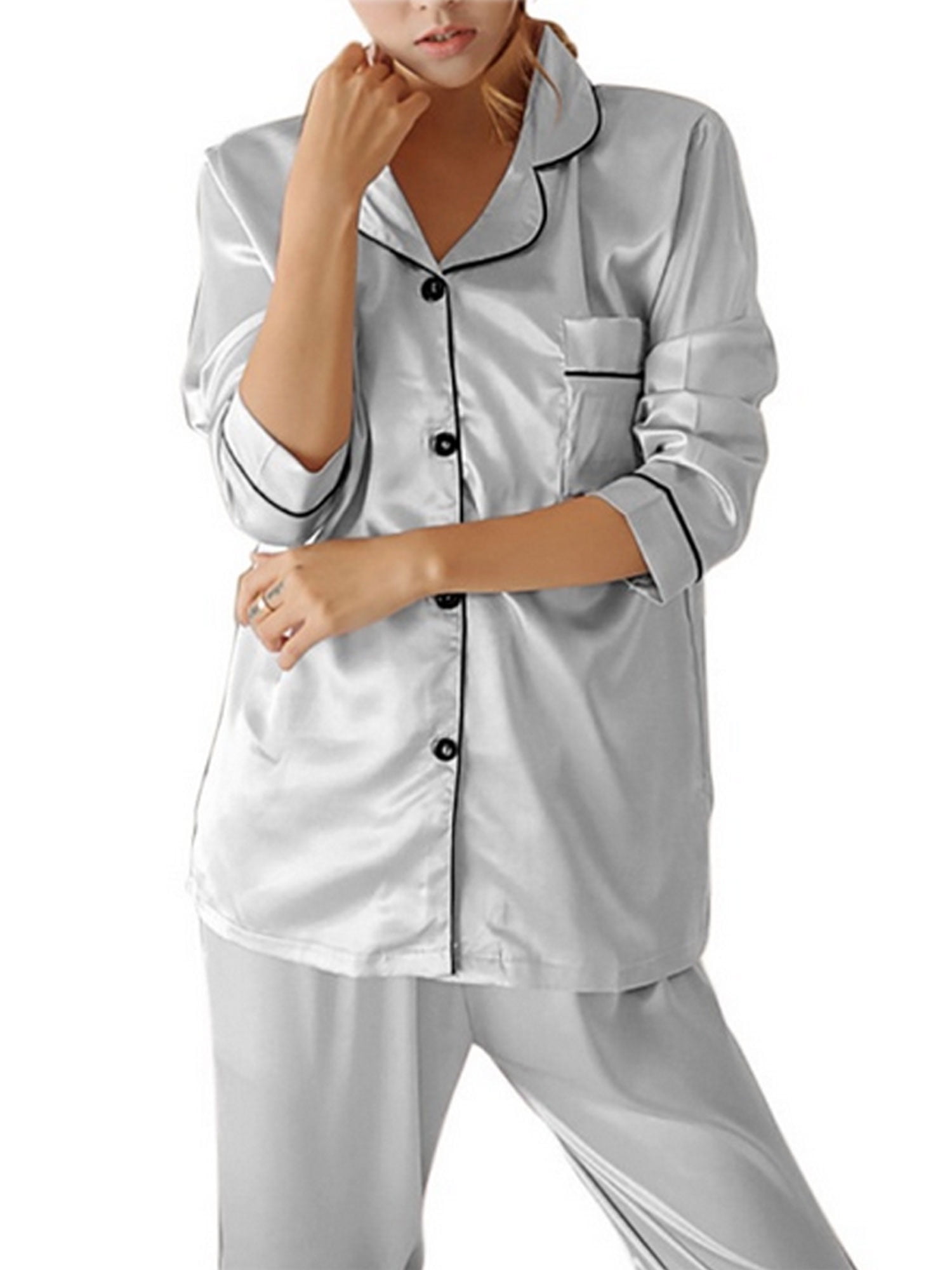 Nituyy Women Silk Satin Pajama Set Button Sleepwear Homewear 