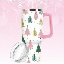 Christmas Tumbler with Handle 40oz Boho Christmas Tree Tumbler with Lid Straw Pink Green Xmas Winter Stainless Steel Cup for Home Office Travel