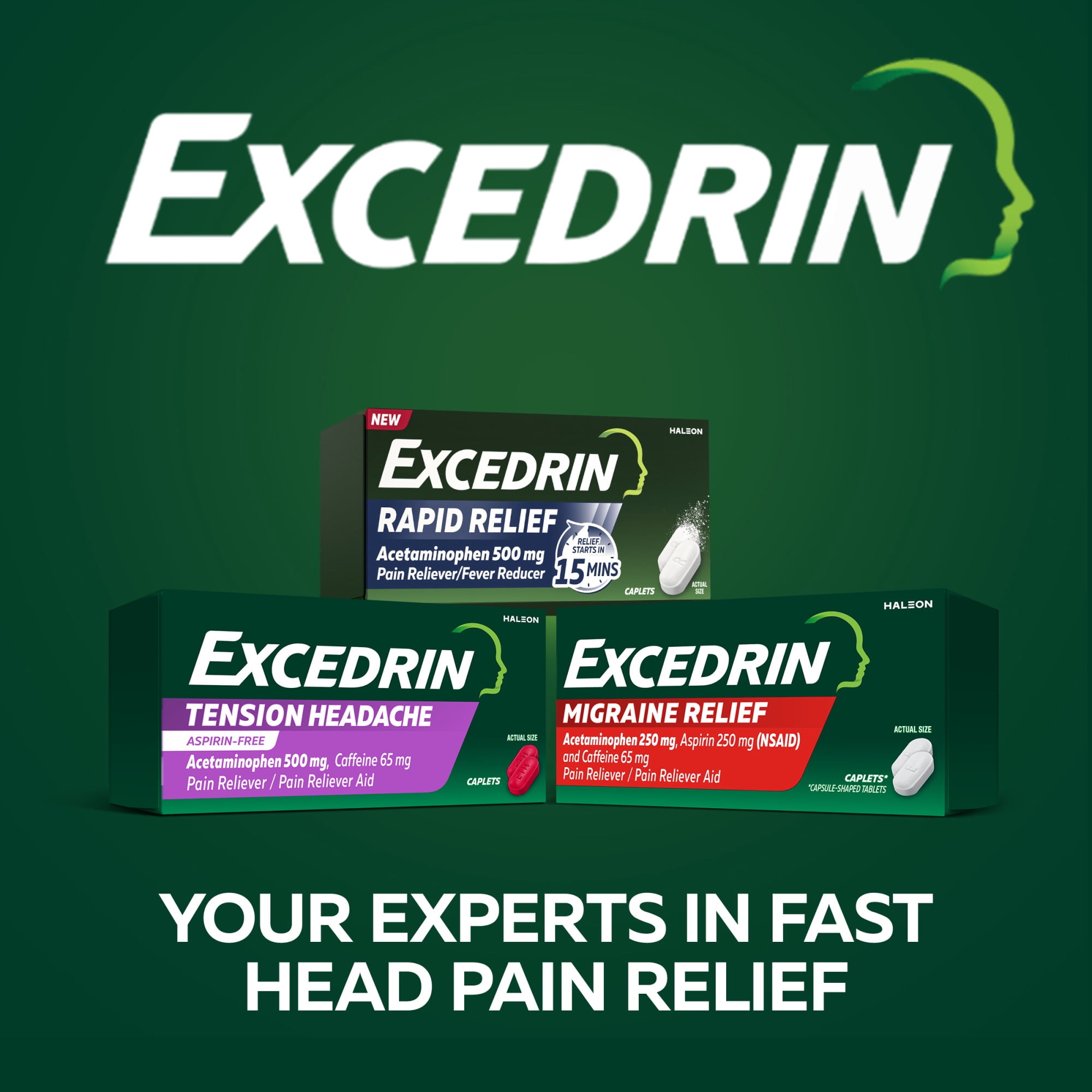 (2 pack) ​​Excedrin Rapid Relief Caplets, 500Mg Acetaminophen, Fast Pain Relief In 15 Minutes, 20 Count