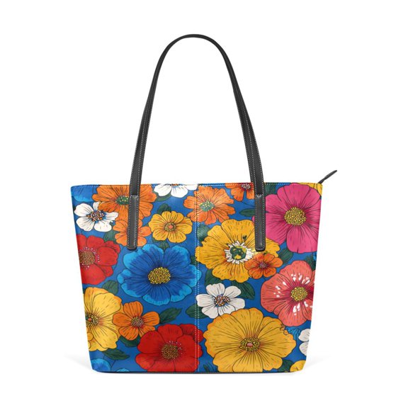 Tote Bag Aesthetic leather Handbags with Zipper for Women Travel Shoulder Bags Purses with compartment. Colorful Dahlia Flowers