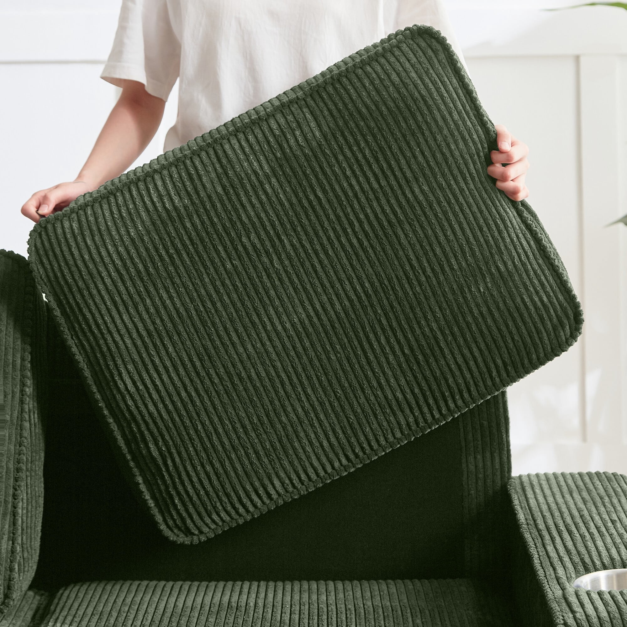 AENKYO 84" Modern Corduroy 3-Seater Sofa, Compressed Couch with Built-in Cup Holders & Washable Covers, Green