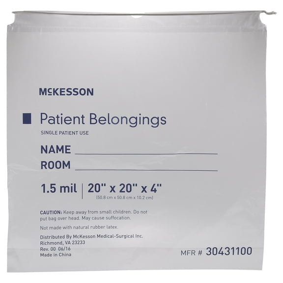 McKesson Patient Belongings Bag with Drawstring Closure, Clear, 4 in x 20 in x 20 in, 25 Count, 1 Pack