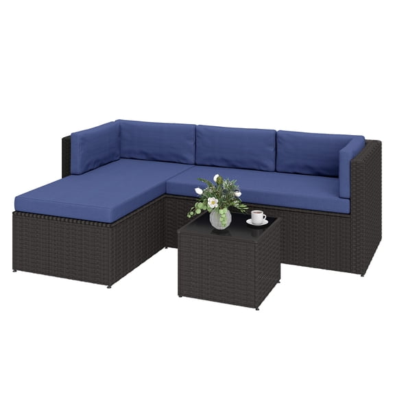 3 Piece Patio Furniture Set Wicker Outdoor Conversation Set, Chaise Lounge Sofa with Cushions & Glass Table, Navy Blue