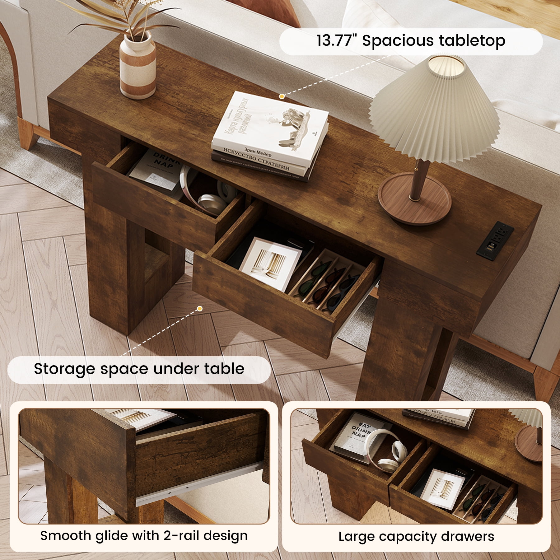 MOONMISS 47"Wide Console Table with 2 Drawers,Multifunctional Charging Station, LED Light, Solid Wood Farmhouse Console Table Behind Couch for Entryway, Hallway, Living Room-Dark Brown