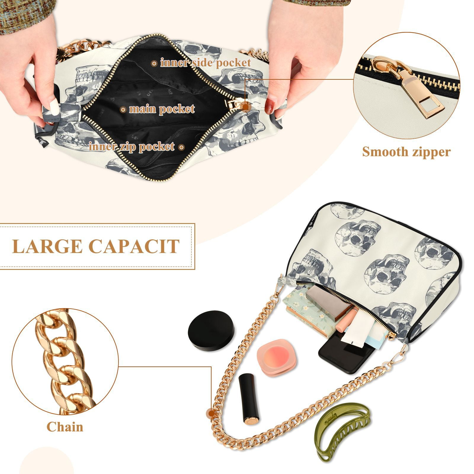 SkullsWomen Small Shoulder Bag Crossbody Tote Hobo Bags Purse Clutch Handbags with Chain Strap for Women