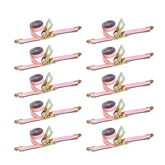 Mega Cargo Control USA 10 Pack Heavy Duty 2" x 30' Ratchet Tie Down Strap W/ Wire J Hook WLL: 3333 lbs Pink
