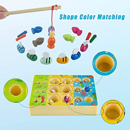 Jinsinto . 3 In 1 Wooden Fishing Game, Montessori Toy 2 Years Old Magnetic Fishing Game Motor Skills Wooden Fish Toy Gift 1 2 3 4 5 6 Years Old Games
