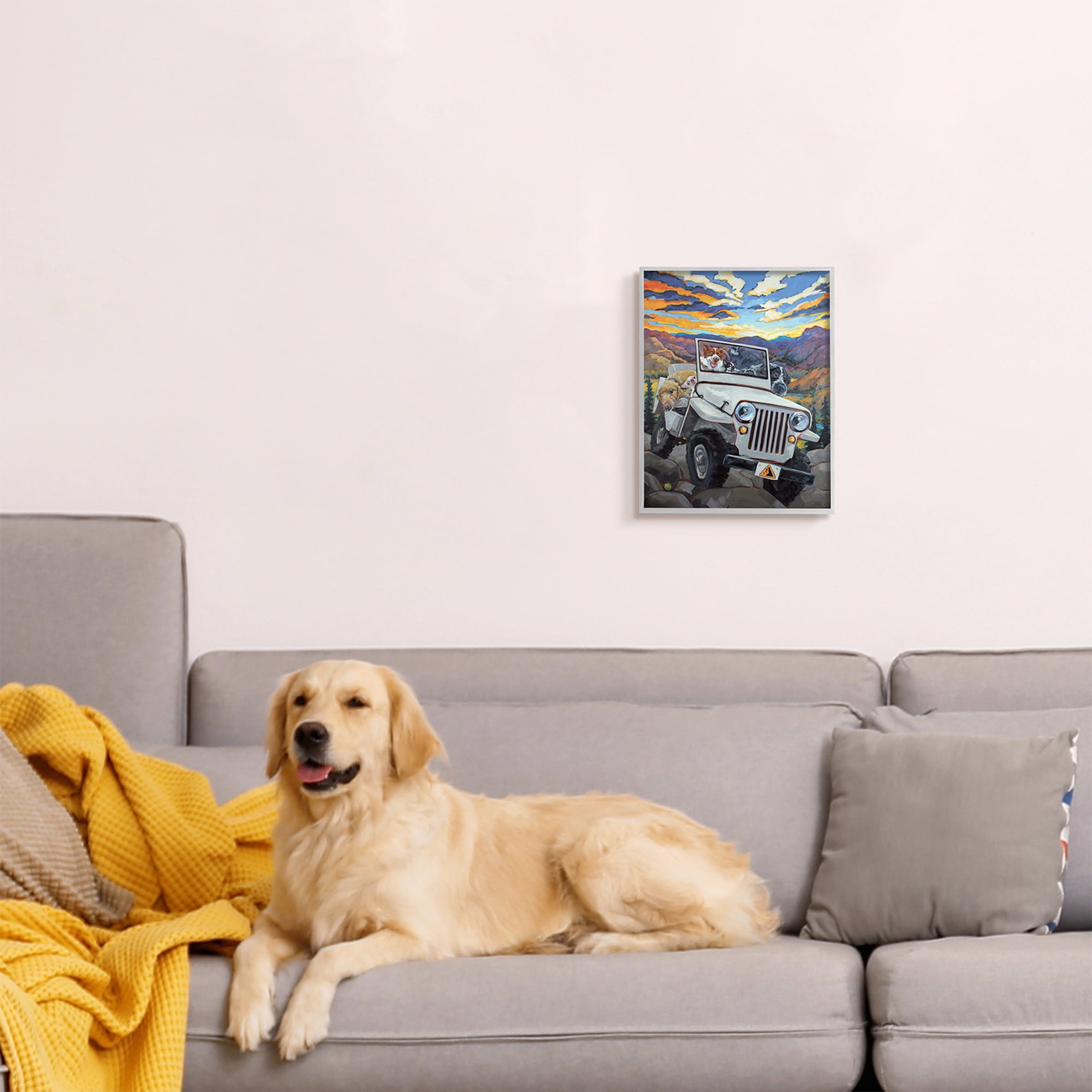 Stupell Industries Dogs Off-Roading Desert Drive Mountain Sunset Animals & Insects Painting Gray Framed Art Print Wall Art, 11 x 14