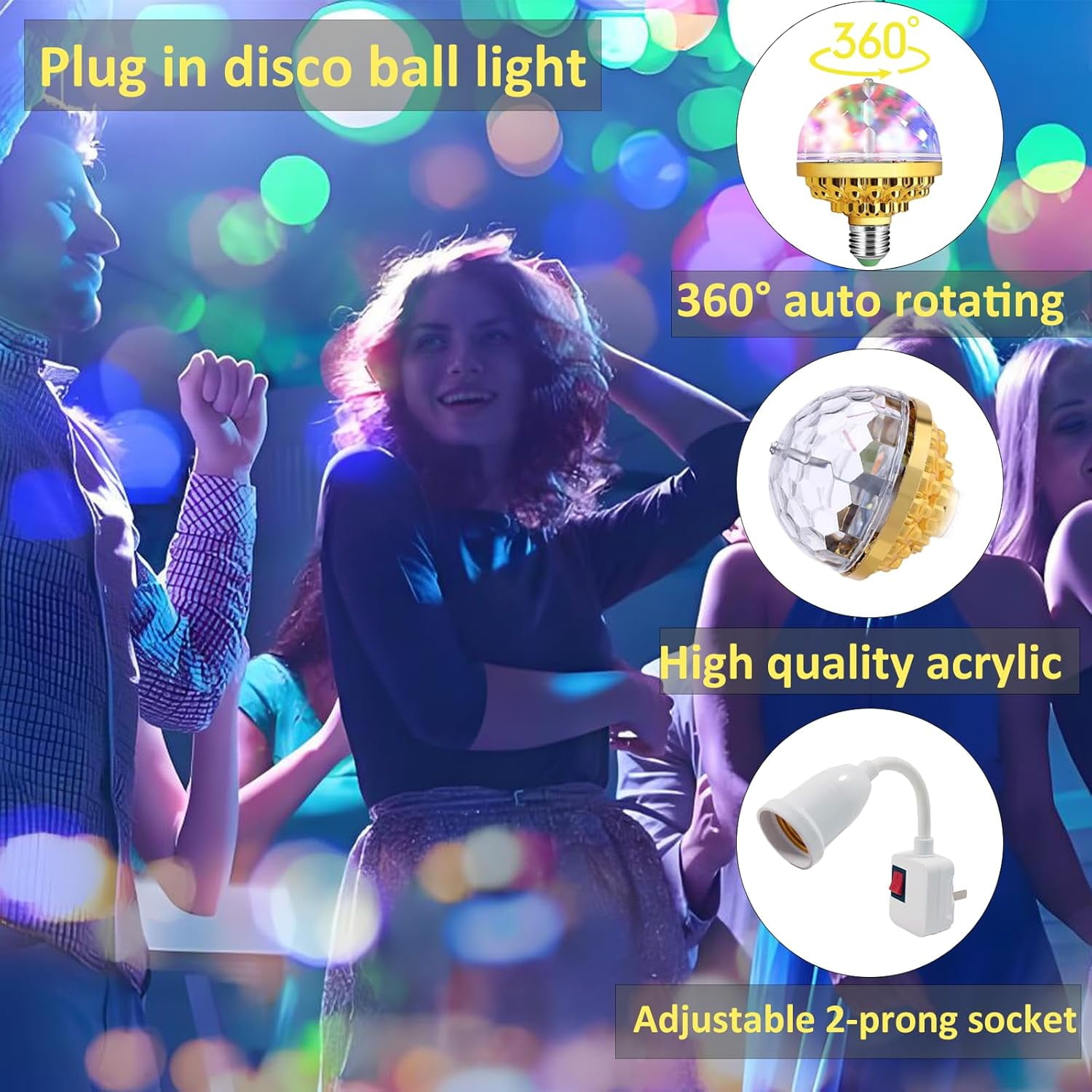 2Pack Colorful Rotating Magic Ball Light Plug in Disco Ball Light Bulb with Sockets, Strobe Stage Lighting Lamp for Home Room Dance Birthday Karaoke Halloween Christmas Show Club Decoration