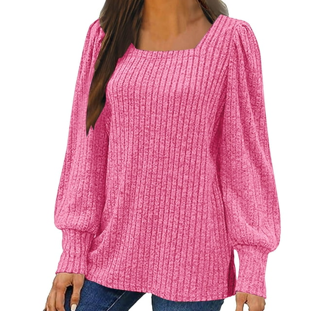 Meichang Puff Long Sleeve Shirts for Women Plus Size Square Neck Ribbed Knit Tops Solid Loose Fit Side Slit Hem Blouses Spring Trendy Women Tunic Tops