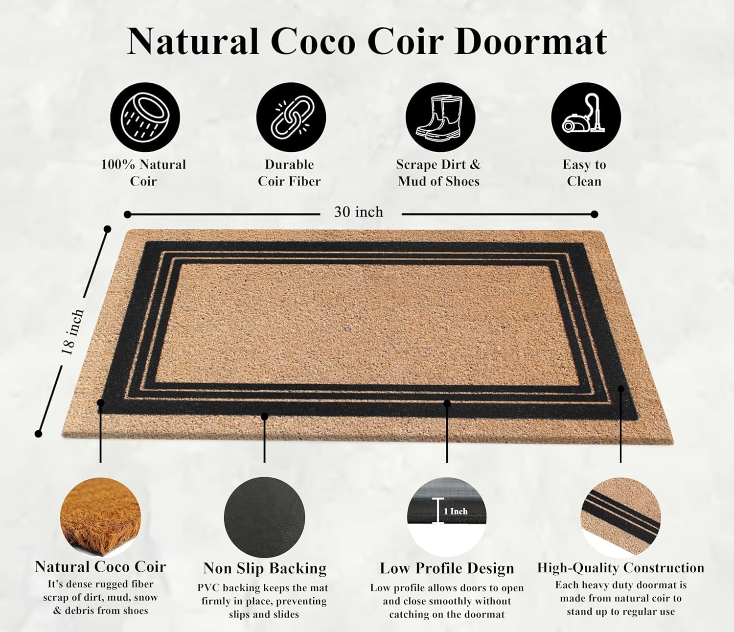 A1HC Natural Coir Entrance Door Mats, Durable Large Outdoor Rug, Non-Slip, Flock Doormat, Thin-Profile Heavy Duty Door Mat, Indoor Outdoor Front Door, High Traffic Areas, 18" X 30"