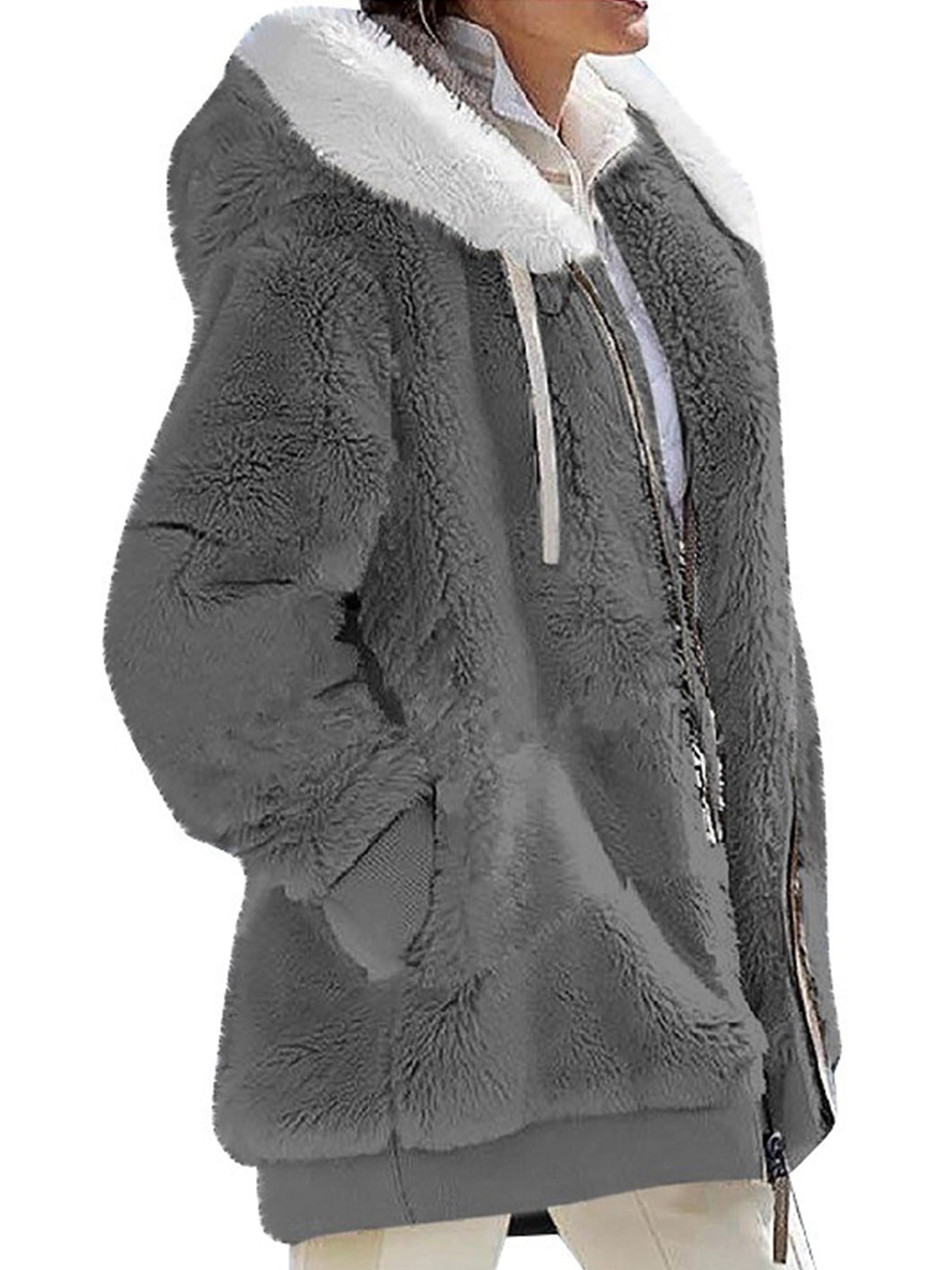 Capreze Fuzzy Womens Fleece Sherpa Jacket Zip Up Tunic Hoodies Jackets Solid Color Casual Loose