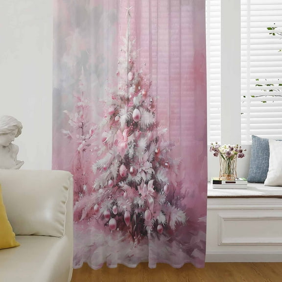 Pink Christmas Tree Semi Sheer Curtains Drapes for Living Room, Bedroom, French Doors Window 96 Inches Long, Xmas Tree Oil Painting Rod Pocket Chiffon Curtain Drapery Voile Draperies Panel