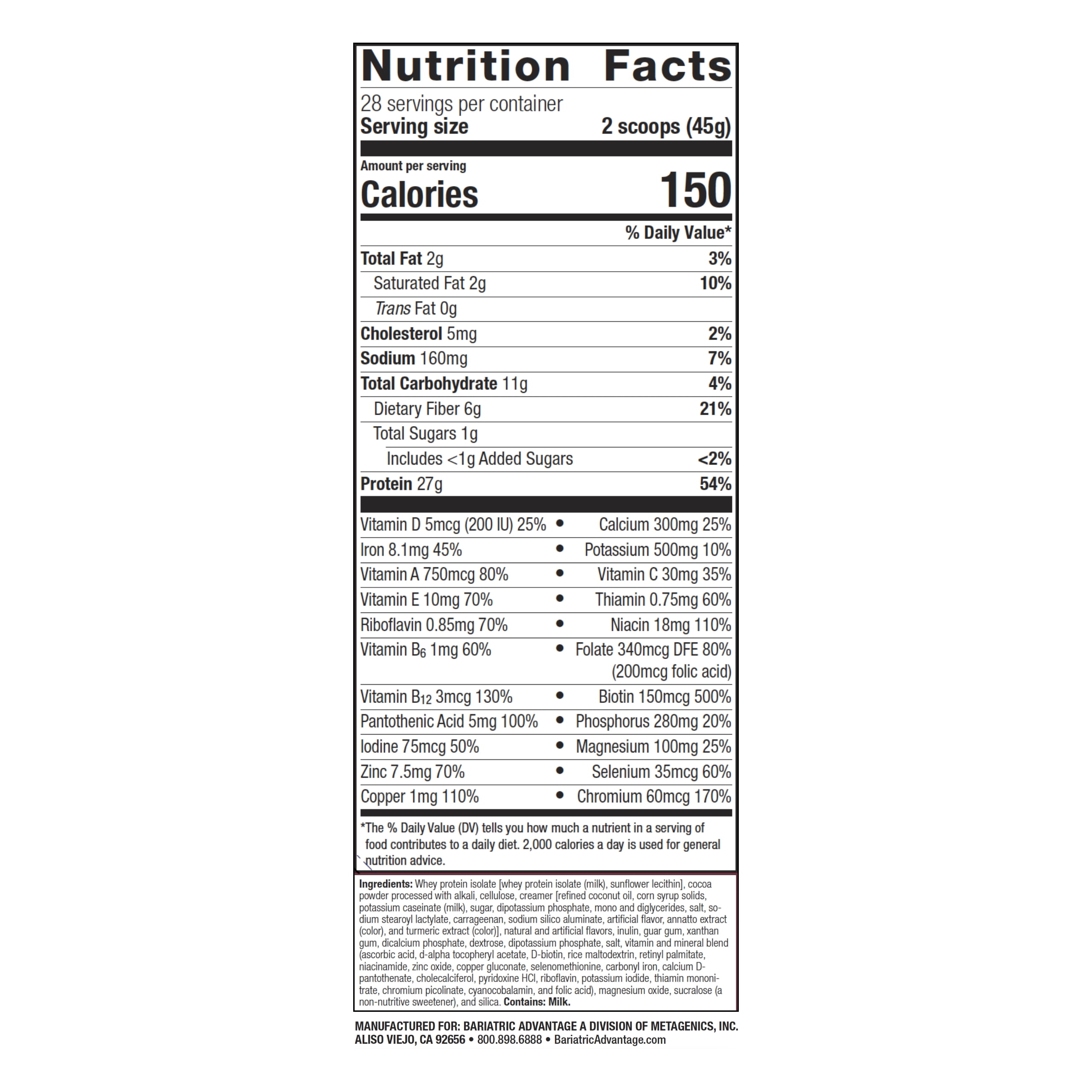 Bariatric Advantage High Protein Meal Replacement Drink Mix, Protein Powder Whey Isolate for Gastric Bypass and Sleeve Gastrectomy Patients, 27g Protein, Lactose Free - Chocolate - 28 Servings