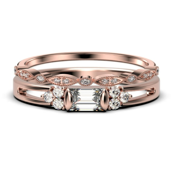 Classic Minimalist 1.50 Carat Baguette Cut Diamond Moissanite Engagement Ring, Split shank Wedding Ring in 925 Sterling Silver With 18k Rose Gold Plating Promise Ring, Bridal Rings Set