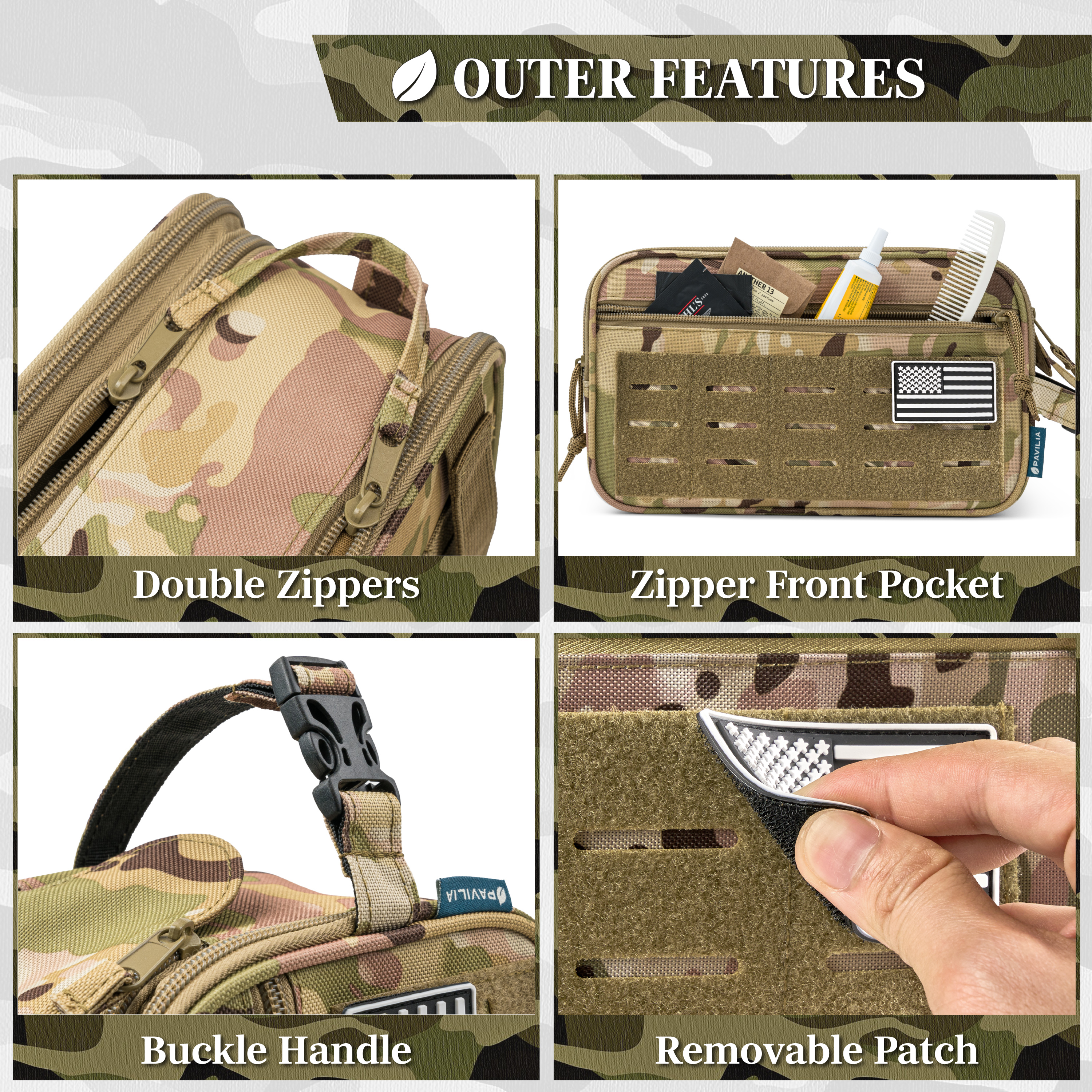 Pavilia Extra Large Tactical Toiletry Bag for Men, Hygiene Travel Bag, Military Dopp Kit, Water Resistant Molle Pouch, Mens Shaving Grooming Essentials, Bathroom Shower Small Organizer Case, Camo