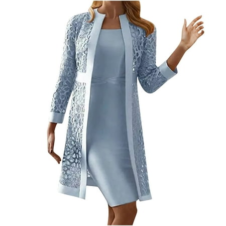 

QIPOPIQ Dresses for Women Deals Women s Solid Color Casual Lace Hollow Out Long Sleeve Cardigan + Sleeveless Dress Two Piece Sets Blouses