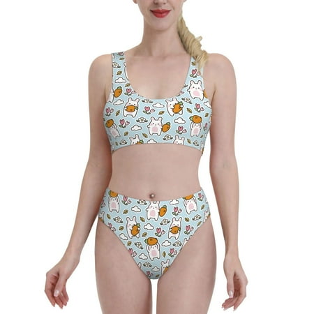 Fotbe Carrot Rabbit Women s High Waisted Bikini Tankini Sets Two Piece Bathing Suits High Cut Scoop Neck Swimsuit-Small