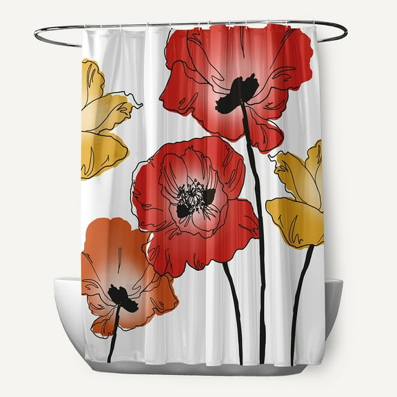 Simply Daisy 70" W x 73" H Poppies Floral Print Polyester Shower Curtain, Red