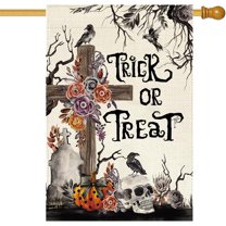 Halloween House Flag, Trick or Treat Flags 28x40 Inch Double Sided Burlap Tomb Cross with Skull Skeleton Flower Flags For Outside Holiday Seasonal Yard Outdoor Decoration