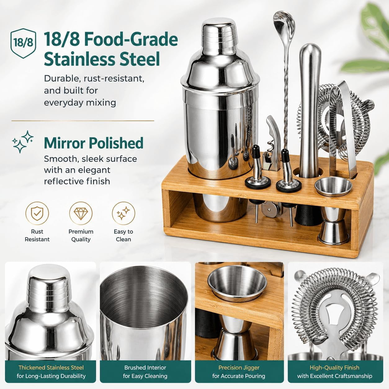 Semderm 10-Piece Cocktail Shaker Set, Stainless Steel Bartender Kit with Bamboo Stand, Mixology Tools with Muddler Jigger Pourers for Home Bar, Gift for Men & Women ( Silver )