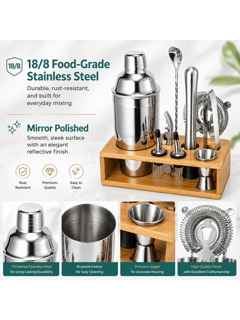 Semderm 10-Piece Cocktail Shaker Set, Stainless Steel Bartender Kit with Bamboo Stand, Mixology Tools with Muddler Jigger Pourers for Home Bar, Gift