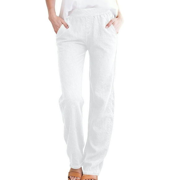 Brnmxoke Long Jeans Pants for Women Plus Size Elastic Waist Pull on Denim Pant Loose Fit High Waisted Stretch Casual Trousers with Pockets White,XL