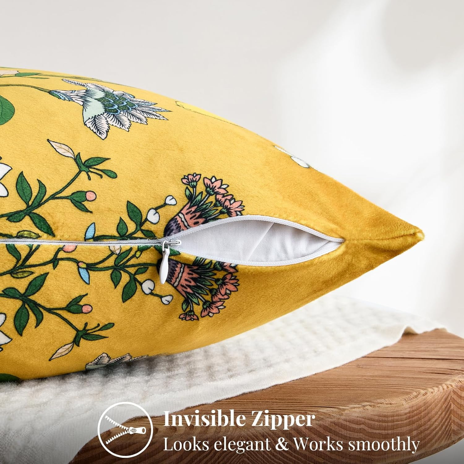 COOKCOK Yellow Floral Pillow Covers 18x18 Set of 2, Velvet Wild Flower Plant Throw Pillows Case, Square Farmhouse Decor Cushion Covers for Home Sofa Bed Couch