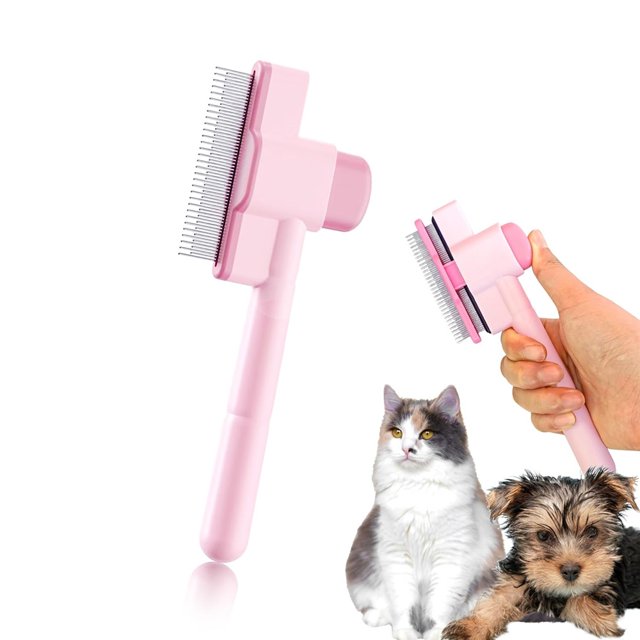 HeeHom Cat Comb for Long & Short Hair Cats - One Click Self-Cleaning Deshedding Brush for Indoor Pets, Rabbit & Small Dog Grooming Tool with Stainless Steel Teeth