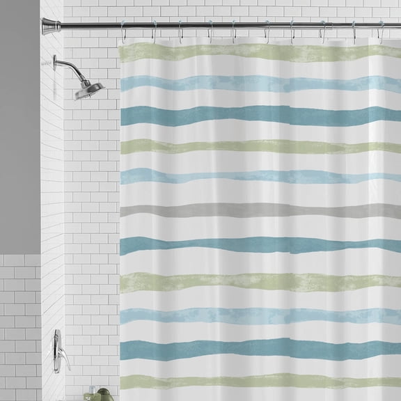 AUQ Waterproof 30% Recycled PEVA Watercolor Stripe Shower Curtain Set & Hooks,13-Piece,Blue