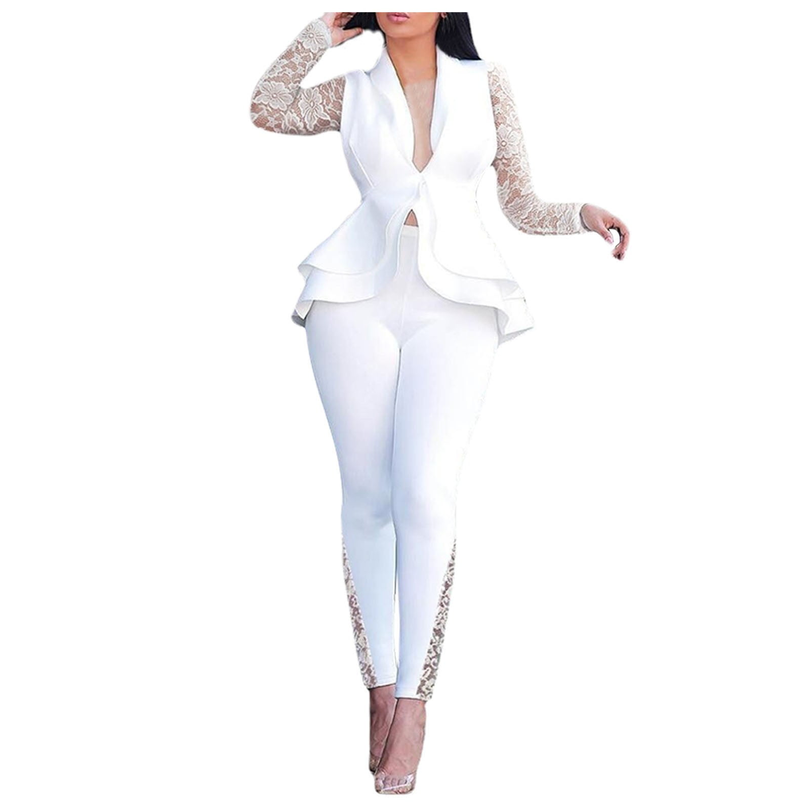 Womens Dress Pants Winter Women Sets Solid Lace Splice Vneck Long