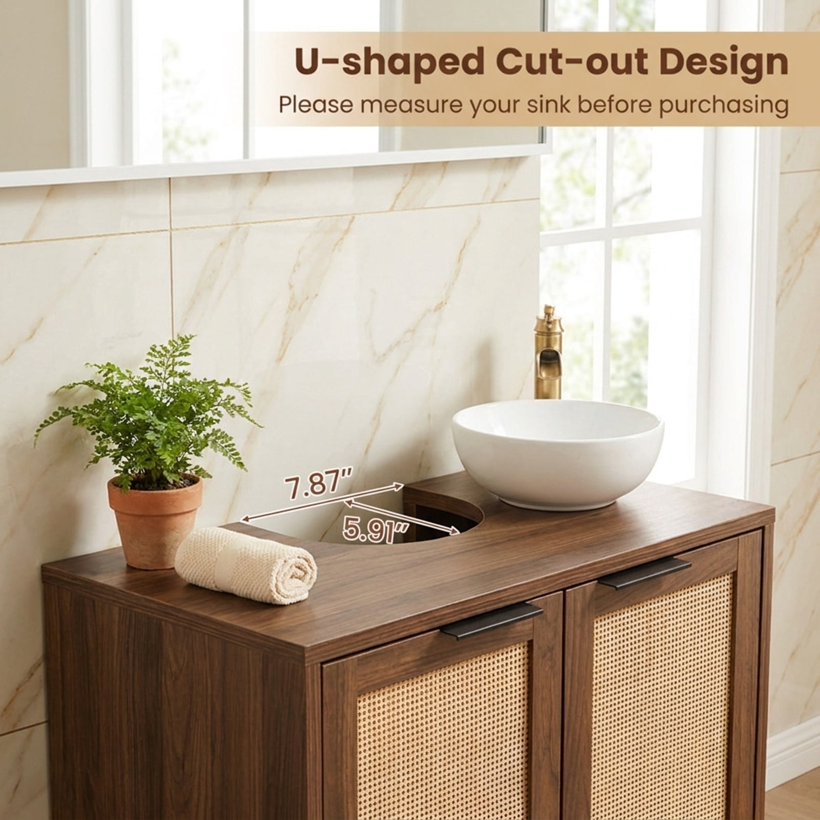 Vebreda Freestanding Bathroom Storage Cabinet, Bathroom Vanity Cabinet with U-Shaped Cut-Out 2 Rattan Doors and Shelf, Hidden Sink Organizer