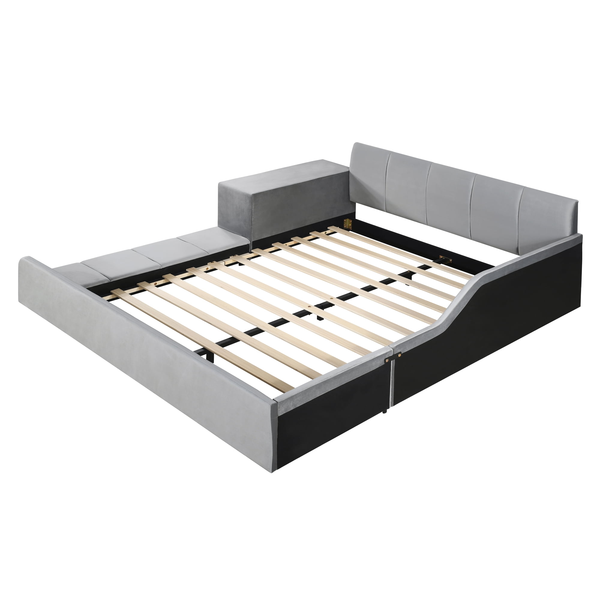 Aukfa Queen Size Mother & Child Bed Frame, Velvet Upholstered Platform Bed with Bedside Desk & Stool, Grounded Design, Gray