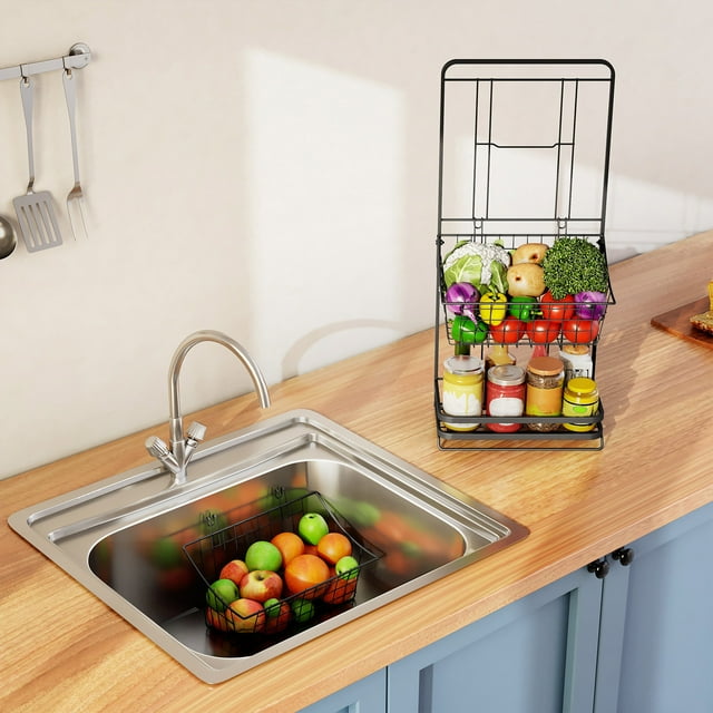 Cesta de Frutas de 3 Niveles, Frutero, Mini Cesta de Almacenamiento para Frutas y Verduras, Cesta Colgante con Soporte para Organizar La Cocina.