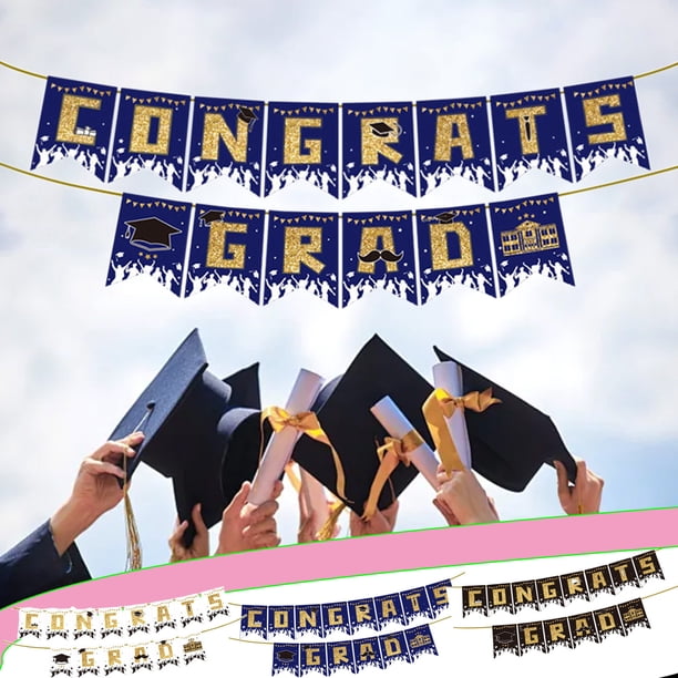 Decoraciones de la fiesta de graduación - Pancarta de papel con bandera de tira para la ceremonia Diseño de fondo - Azul y blanco 18x13cm