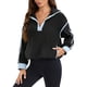 thumbnail image 4 of Sudadera recortada para mujer ATHLECHIC con media cremallera, pulóver de forro polar, chaqueta oversized con bolsillos, S, negra, 4 of 5
