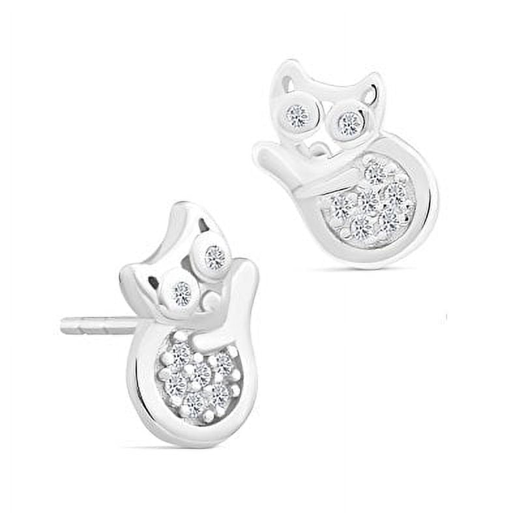 Tilo Jewelry 925 Sterling Silver Little Kitties Stud Earrings with Cubic Zirconia Stones for Women & Unisex