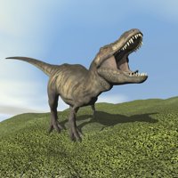 Tyrannosaurus rex dinosaur walking on the grass Poster Print