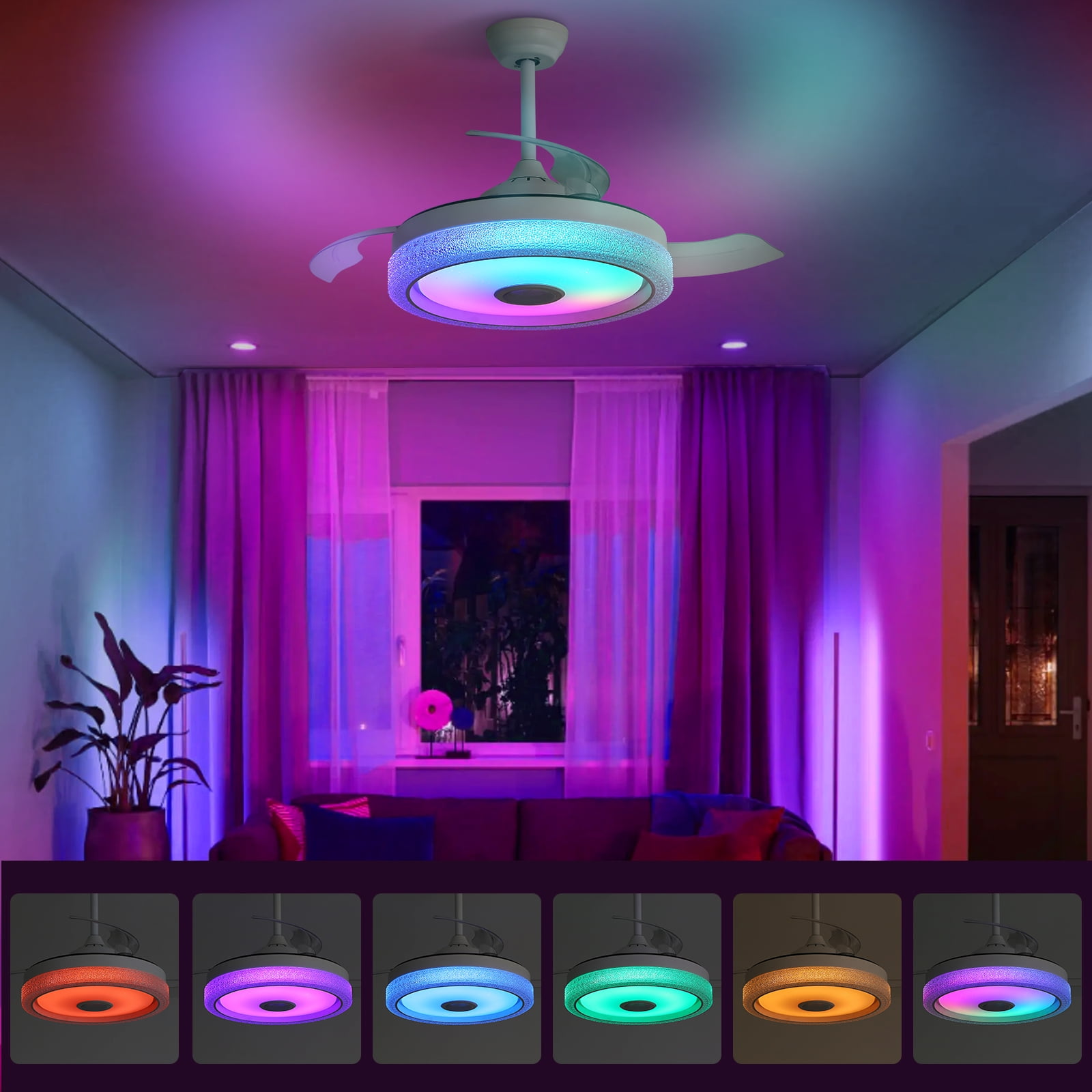 "Sofucor 42"" Retractable Ceiling Fan with Dimmable Lights, Bluetooth Speaker, Remote Control for Bedroom, Kitchen"