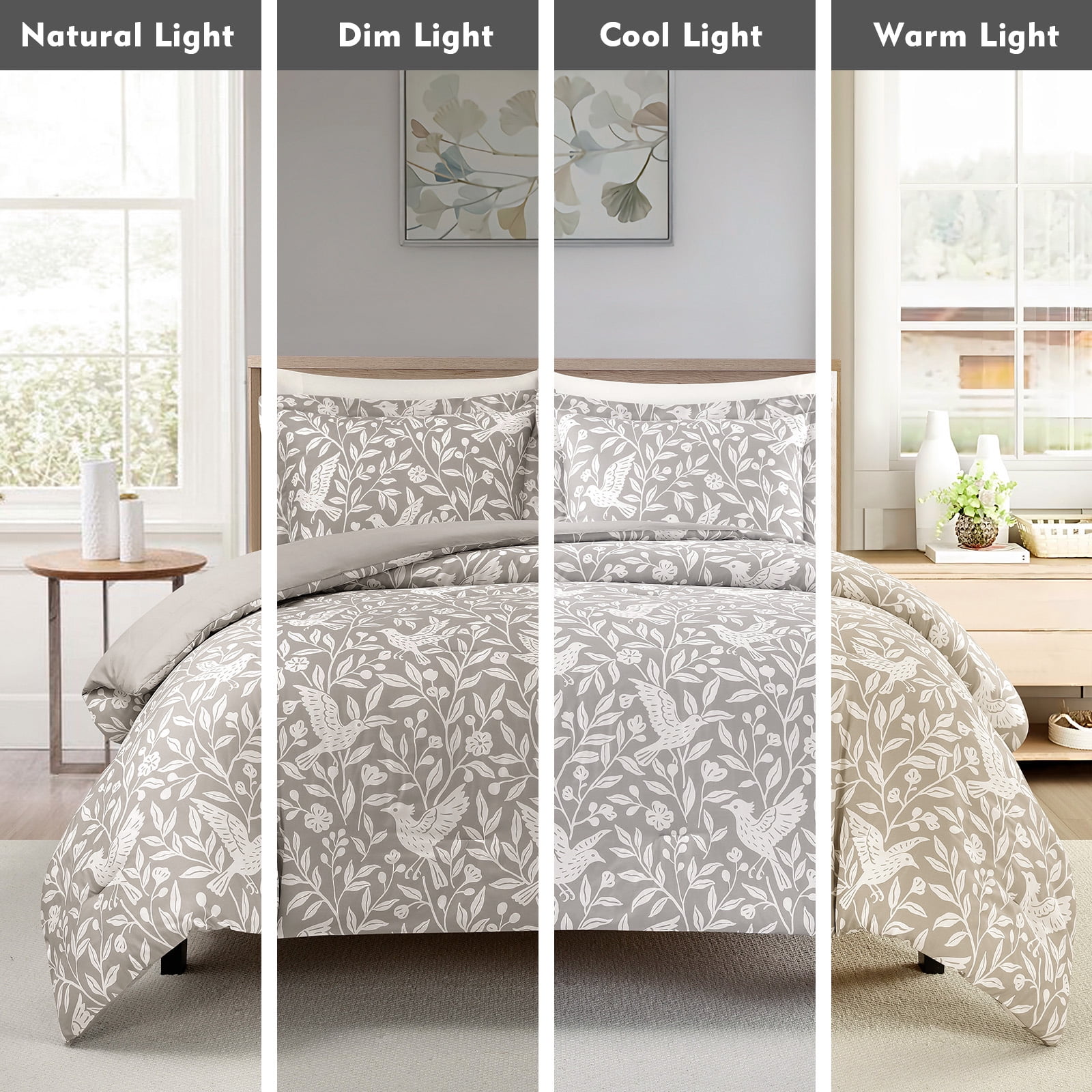 Notticasa 3-Piece Printed Comforter Sets,Gray,Tiwn,Features a Floral and Peacebird Design, Including a Quilt Cover and Pillowcases