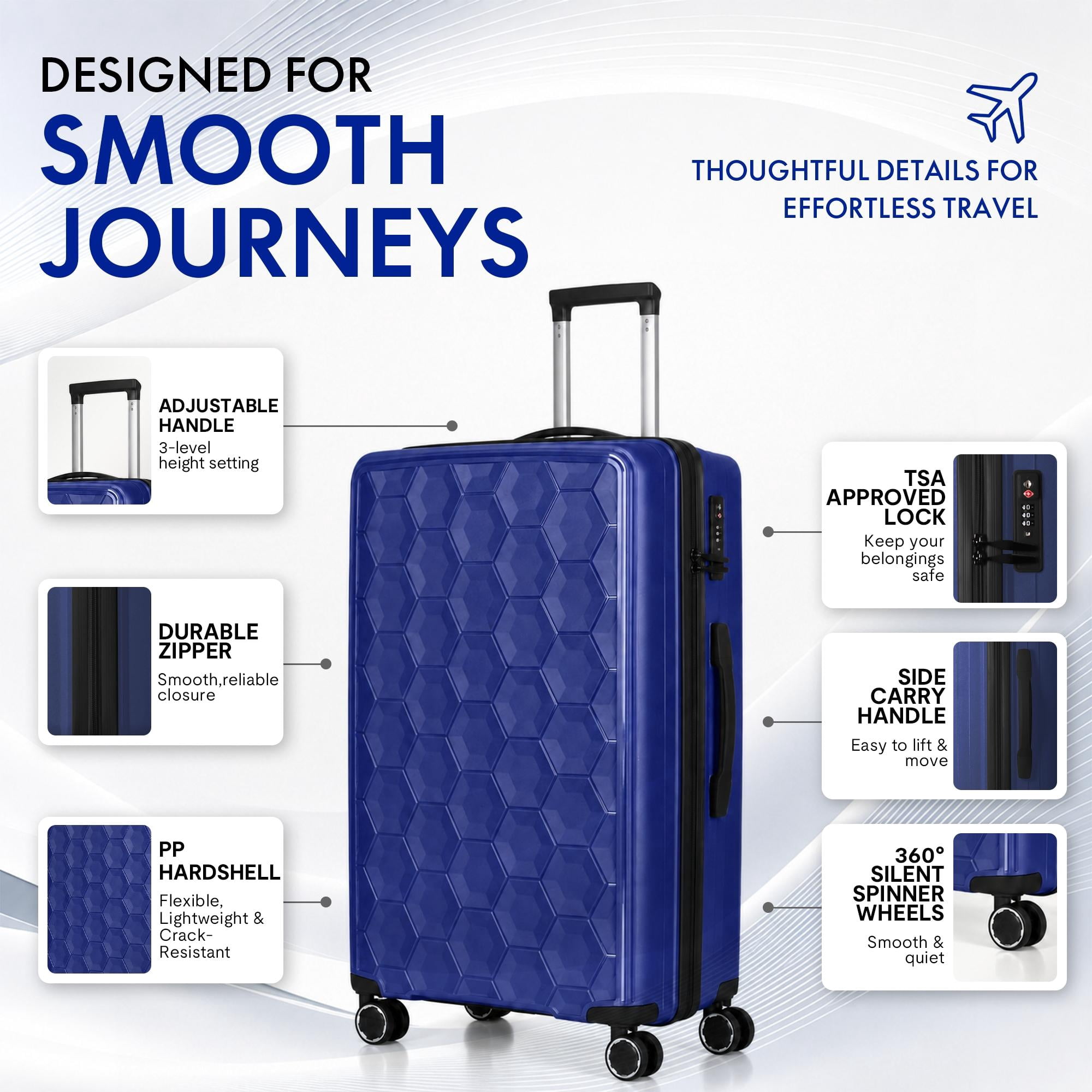 3-Piece PP Hardshell Luggage Set, Lightweight Scratch-Resistant Suitcases with Silent Spinner Wheels & TSA Lock, Dark Blue