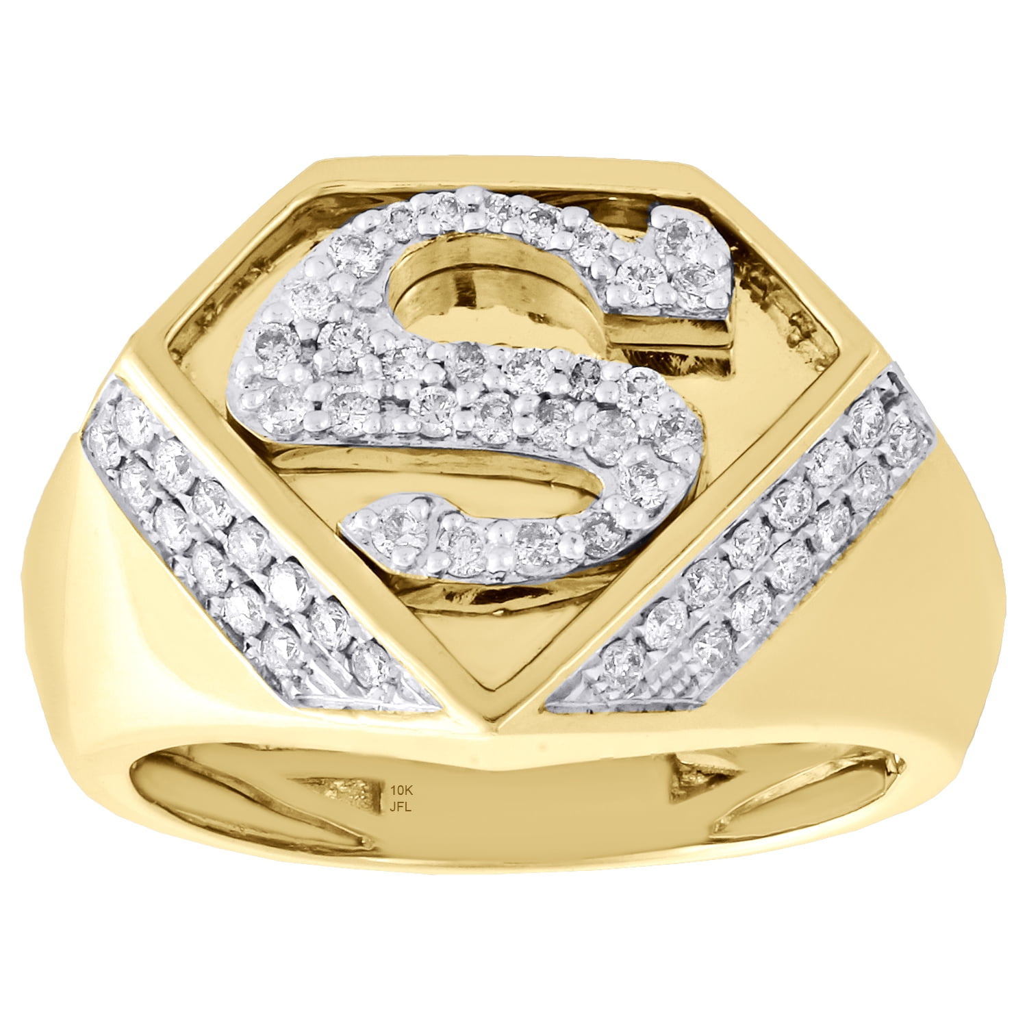 10K Yellow Gold Diamond Superman Logo Shield S Initial Pinky Ring Band 0.65 ct