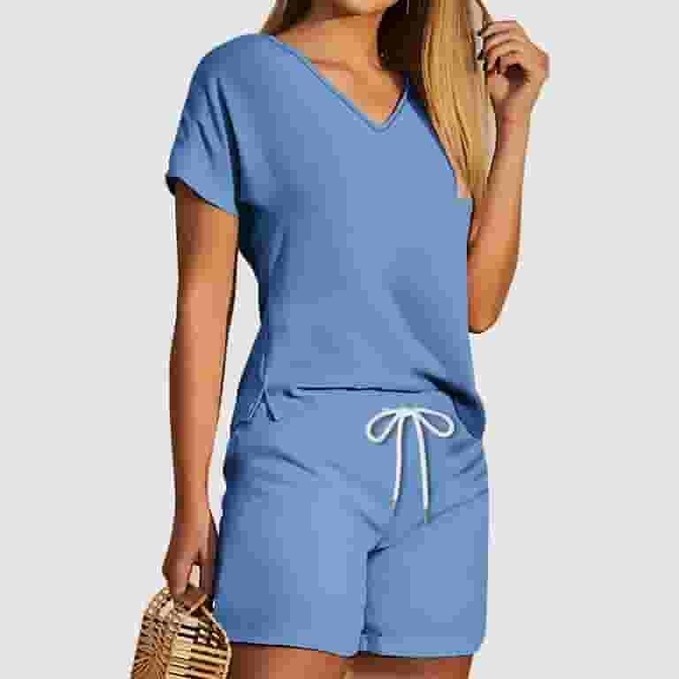 Two Piece Summer Outfit Short Sleeve V-Neck Blouses Shirts Sets