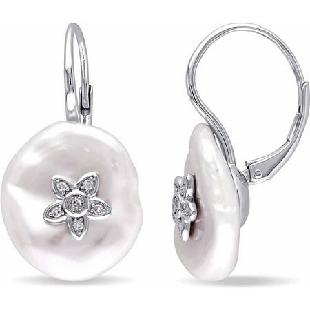 Miabella 16-16.5mm White Fancy Keshi Pearl and Diamond-Accent Sterling Silver Leverback Dangle Earrings