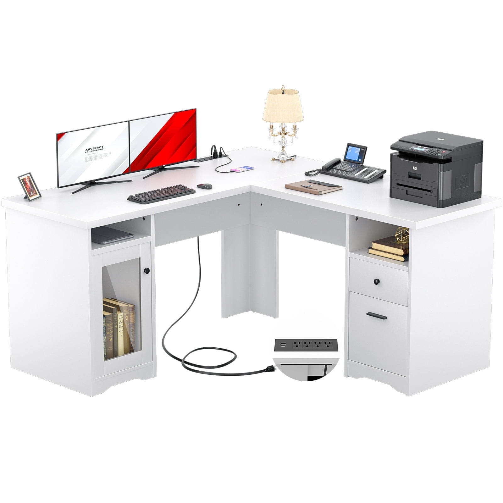 Homieasy L Shaped Desk with Power Outlet and USB Ports, 60 Inch Corner Computer Desk with Drawers and Storage Shelves, Large 2 Person Study Table L-Shaped Office Desk with File Cabinets, White