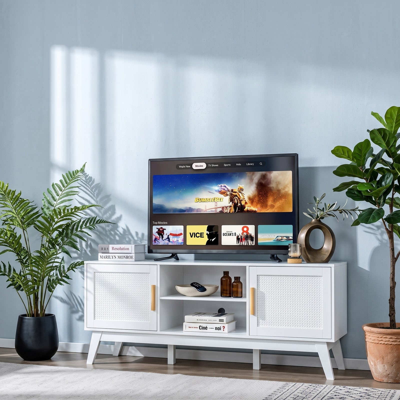 Furnibear TV Stand Entertainment Center Media Console with 2 Rattan Door Cabinets and Open Shelves for TVs up to 65 Inch, Living Room Bedroom Storage Console, White